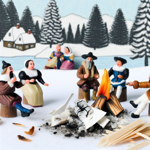 Winterse charme met vrienden rond een warm kampvuur Een groep vrienden verzameld rond een warm kampvuur in een besneeuwd winterlandschap, met asresten op de grond.