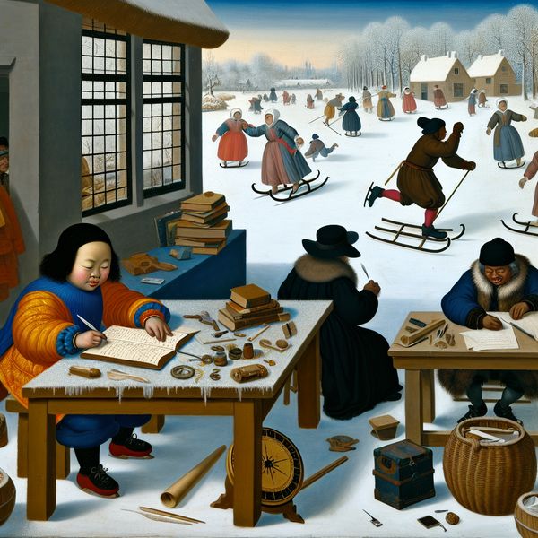 Winterse Landschap met Kinderen en Volwassenen in Actie Kind dat zijn huiswerk doet op een houten tafel in een druk winters landschap vol activiteiten zoals schaatsen en sleetje rijden