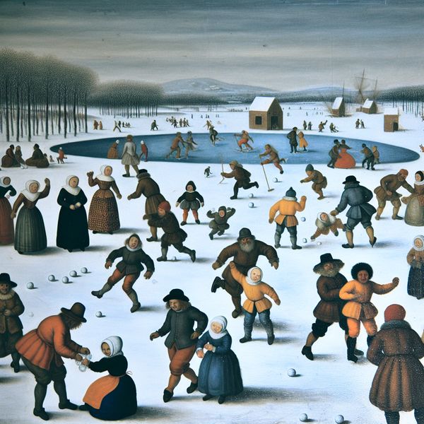 Een winterlandschap met kinderen die sneeuwballen maken en schaatsers op een bevroren meer