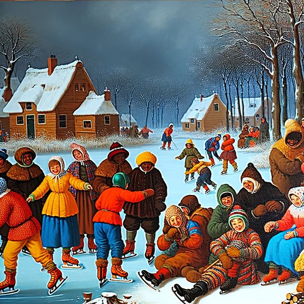 Winterlandschap met kinderen en volwassenen Tweede groep mensen in een winterlandschap met kinderen op een bevroren meer en volwassenen rond een vuur