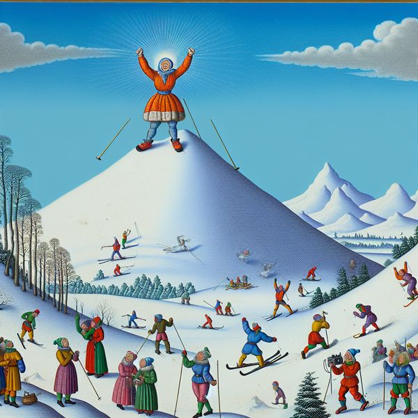 Klimmer die triomfantelijk de top van een besneeuwde berg bereikt, met omringende mensen die skiën en snowboarden.