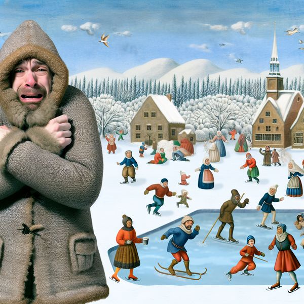 Winterlandschap met koude sensatie en spelende kinderen Een winterlandschap met een persoon in zware kleding die zichtbaar staat te rillen van de kou, omringd door spelende kinderen, een stelletje met warme chocolademelk en schaatsers op een bevroren vijver.