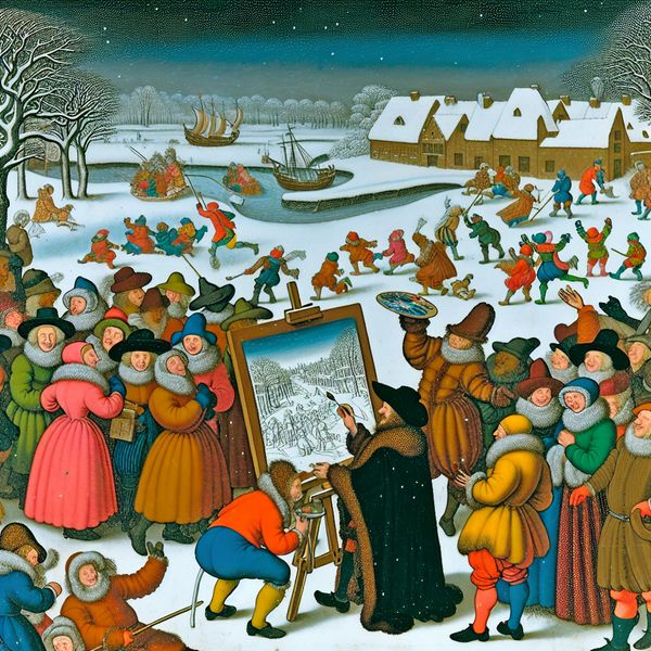 Vrolijk Winterlandschap met Eerbetoon aan Kunstenaar Een kunstenaar wordt geëerd door een menigte in een winterlandschap met kleurrijke winterkleding.