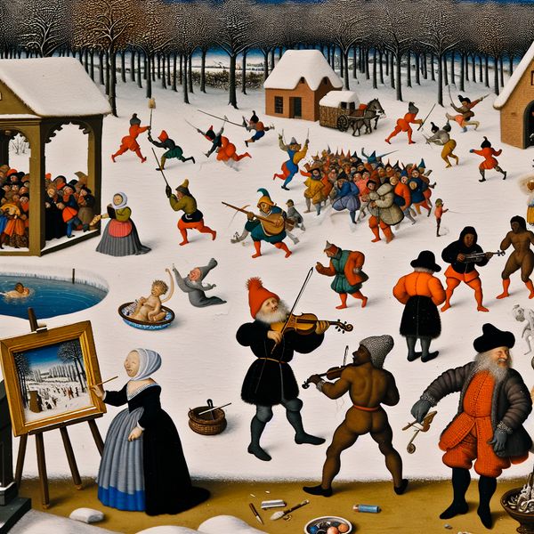 Levendige winterlandschap met kunst en muziek Vibrant winter landscape met levendige figuren die verschillende kunstvormen beoefenen, waaronder schilderen en muziek maken.