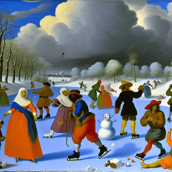 Vibrant Winterlandschap met Activiteiten en Toekomstige Onzekerheid Levendig winterlandschap met mensen die schaatsen en spelen op bevroren meren.