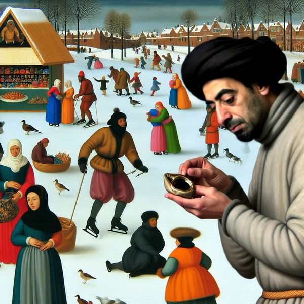 Winterlandschap met man en oude portemonnee Man die een oude portemonnee bestudeert in een winterlandschap met ijsschaatsen en een markt op de achtergrond