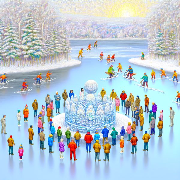 Winterlandschap met mensen die plannen bespreken op een bevroren meer Groep mensen overleggen op een bevroren meer met een intrigerend ijssculptuur in een winterlandschap.
