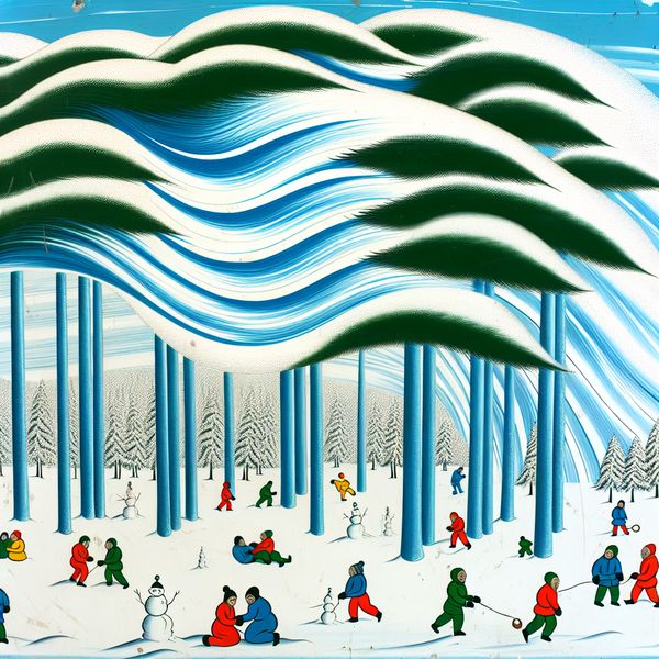 Levendig winterlandschap met omwindende bomen en winteractiviteiten Winterlandschap met sneeuwbedekte bomen en mensen die spelen in de sneeuw.