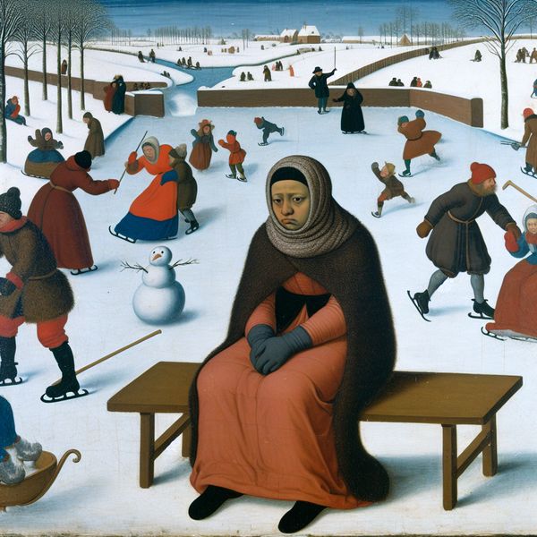 Winterlandschap met een droevige vrouw Een jonge vrouw zit alleen op een besneeuwde bank, omgeven door figuren die genieten van winteractiviteiten.
