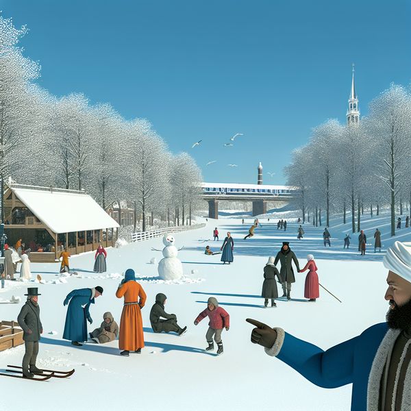 Winterlandschap met mensen die een sneeuwpop bouwen en schaatsen, met een pad naar een treinstation op de achtergrond
