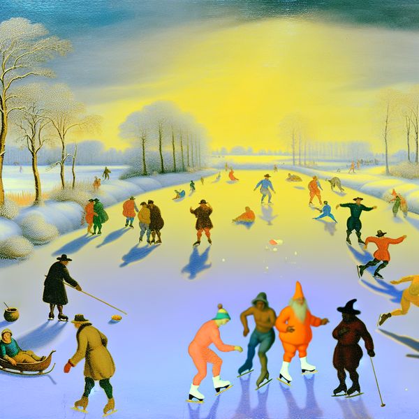 Winterlandschap met Schaatsers en IJsvisserij Een winterlandschap met schaatsers en een ijsvisscene, met een heldere lucht en een zonnige uitstraling.