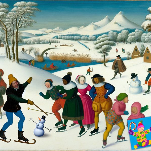 Een winterlandschap met mensen die buiten activiteiten doen zoals schaatsen en een sneeuwman maken, met een persoon die een kleurrijke verjaardagskaart vasthoudt.