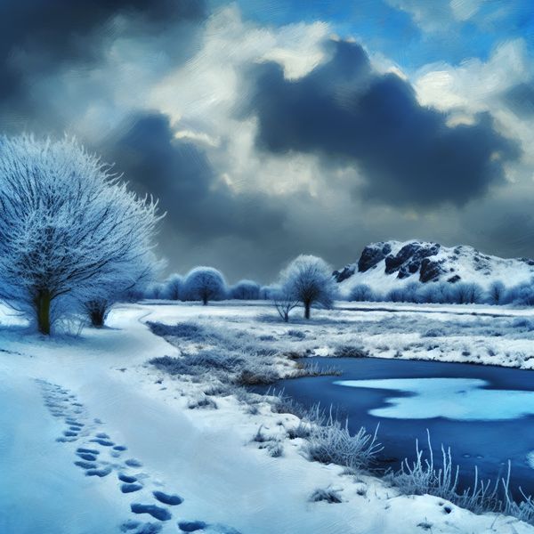 Winterlandschap met Voetafdrukken in de Sneeuw Een winterlandschap met een besneeuwd veld en voetafdrukken in de sneeuw, onder een dramatische grijze lucht.