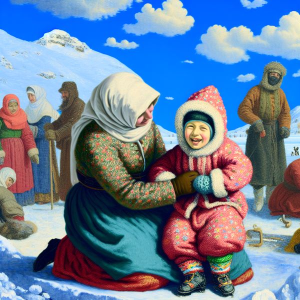 Winterlandschap met moeder en kind in warm contact Moeder raakt een glimlachend kind aan in een winterlandschap met spelende mensen