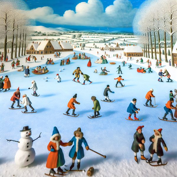 Een levendig winterlandschap met figuren die ijs skaten en sneeuwpoppen bouwen, illustrerend de nabijheid.