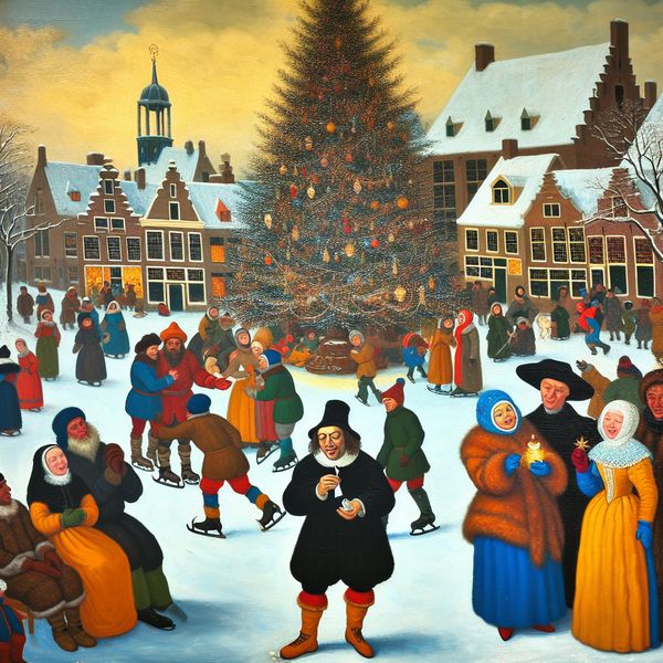 Vrolijke Winterlandschap met Nieuwjaarsboom en Wensen Groep mensen verzameld rond een prachtig versierde nieuwjaarsboom in een druk dorpsplein met een persoon die een wenspapieren vast houdt.