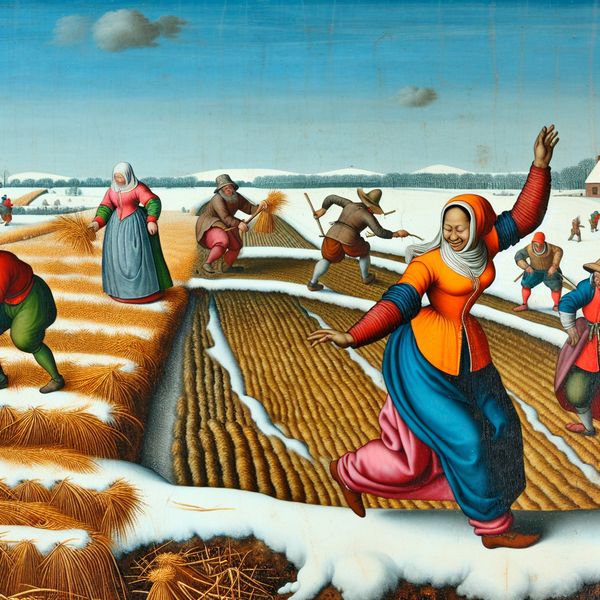 Traditionele winteroogst door boeren Boeren in traditionele kleding oogsten gewassen in een levendig winterlandschap met sneeuw op de bodem.