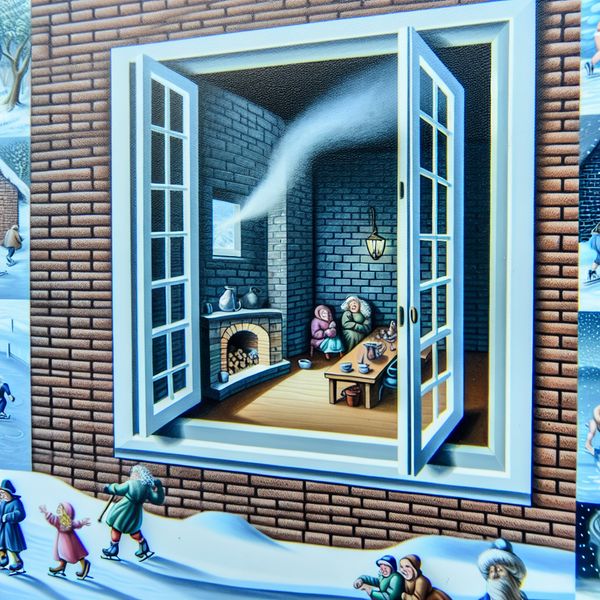 Winterlandschap met een open venster en spelende kinderen Een winterlandschap met een klein open venster in een bakstenen muur, waar frisse lucht binnenkomt en kinderen buiten in de sneeuw spelen.