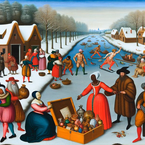 Winterlandschap met overeenkomst onderpand Een levendig winterlandschap met een diverse groep mensen die betrokken zijn bij een transactie bij een bevroren kanaal.