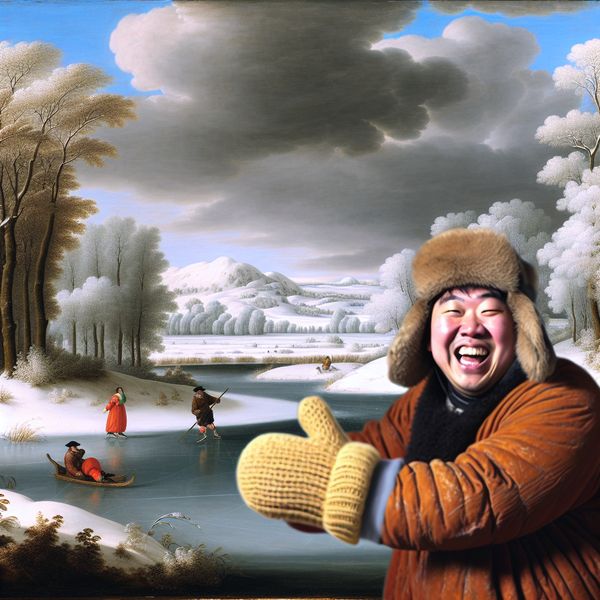 Winterlandschap met persoon in want Een persoon in winterkleding met een dikke, gezellige want op een bevroren meer, omringd door besneeuwde bomen en heuvels.