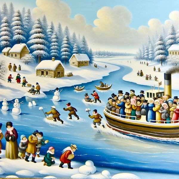 Sfeervolle winterlandschap met pontje in bevroren rivier Een klein pontje met blije passagiers steekt een bevroren rivier over, omgeven door spelende kinderen en een pittoresk dorp.