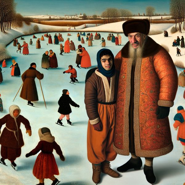 Winterlandschap met respectvolle jeugd en oudere generatie Jongere persoon staat respectvol naast een oudere man in traditionele winterkleding terwijl anderen spelen op de achtergrond.