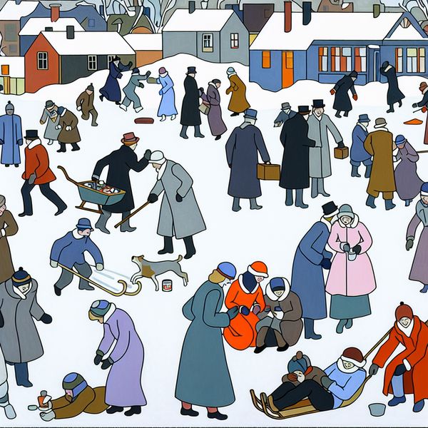 Illustratie van mensen in winterlandschap in retro-futuristische kleding, enkele genieten van de sneeuw terwijl anderen verkouden zijn of warme dranken drinken.