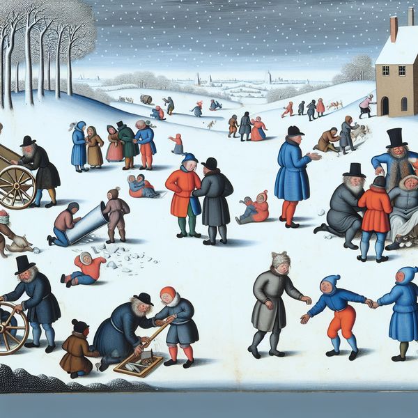 Winterlandschap met gemeenschap en samenwerking Een winterlandschap met mensen die werken aan een gebroken wagen terwijl kinderen spelen in de sneeuw.