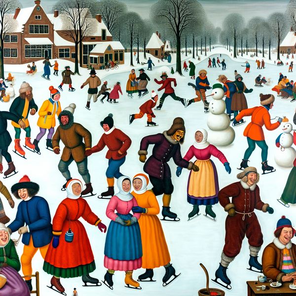 Lively winter landscape with people ice skating, building snowmen, and enjoying warm drinks in the snow