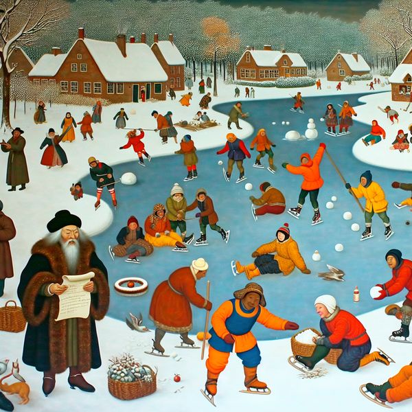 Winterlandschap met schaatsers en sneeuwplezier Een winterlandschap met een diverse groep mensen rondom een bevroren meer, met activiteiten zoals schaatsen en sneeuwballen gooien.