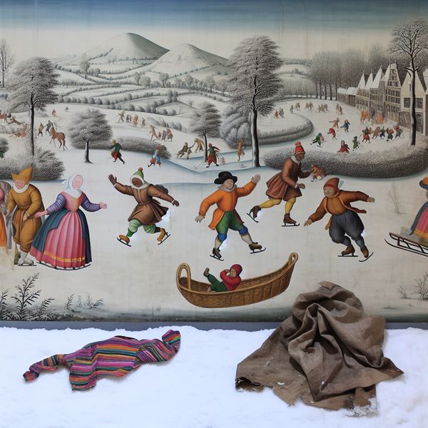 Winterlandschap met schaatsers en een vod Een winterlandschap met skaters en een vod op de sneeuw