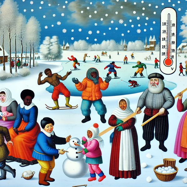 Winterlandschap met sneeuwactiviteiten en thermometer Vibrante winterlandschap met mensen die een sneeuwman bouwen en schaatsen op een bevroren meer, met een thermometer die onder de nul graden aangeeft.