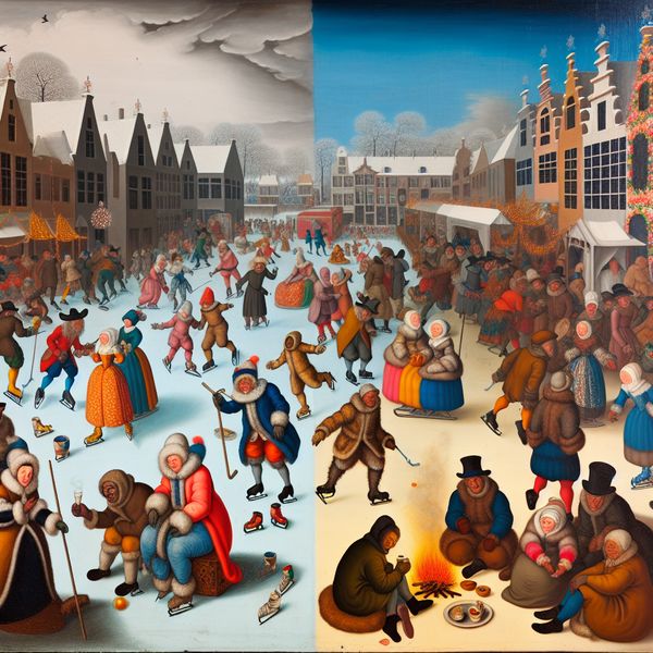 Winterlandschap met sociale ongelijkheid Winterlandschap met rijke mensen die schaatsen en arme gezinnen die zich warm proberen te houden