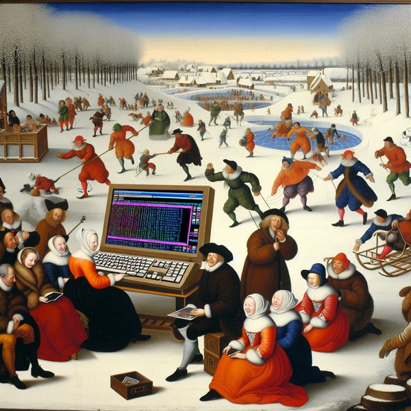 Groep vrolijke mensen rond een vintage laptop, met kleurrijke software interface, in een winterlandschap met sneeuwval.