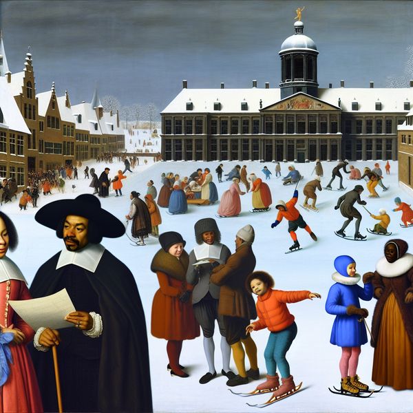 Winterlandschap met stadhuis en educatieve activiteiten in Avercamp-stijl Een winterlandschap met mensen voor een stadhuis, in de stijl van Hendrick Avercamp, druk met educatieve en wetgevende activiteiten.