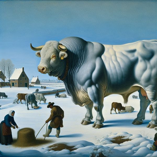 Winterlandschap met Stier in de Wei Een krachtige stier in een winterlandschap met sneeuw en boerderijen op de achtergrond.