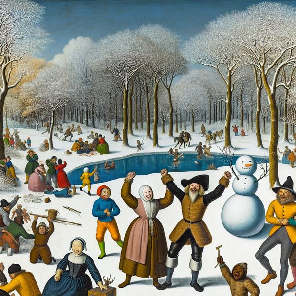 Vrolijke winterlandschap met teamwerk en succes Groep mensen viert hun successen in een winterlandschap met sneeuwbedekte bomen en een bevroren meer.