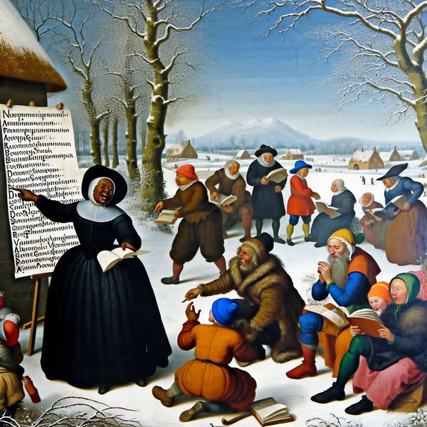 Winterlandschap van taalleren en inzicht Een levendig winterlandschap met diverse mensen die studeren en converseren over vreemde talen, met een enthousiaste vrouw die kinderen lesgeeft.