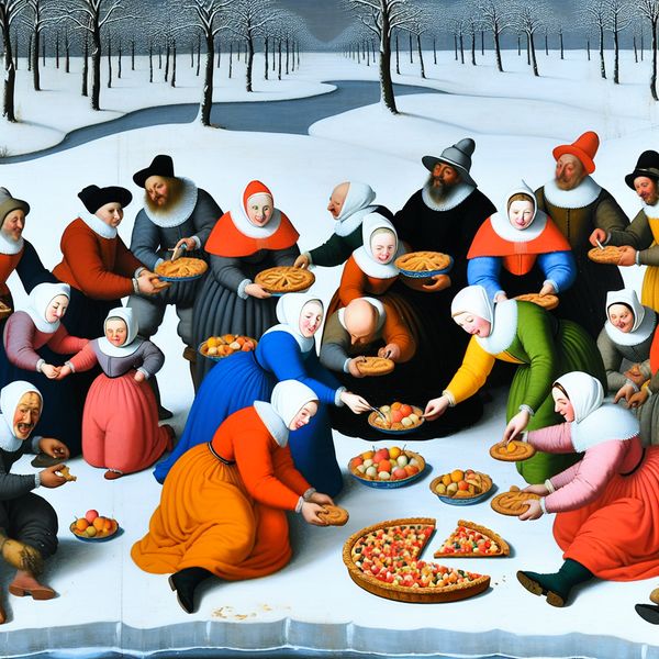 Vrolijk winterlandschap met mensen die taart splitsen Een levendig winterlandschap met een groep mensen die enthousiast een grote taart in kleinere stukken snijden, gekleed in kleurrijke traditionele winterkleding, omgeven door sneeuwbedekte bomen.