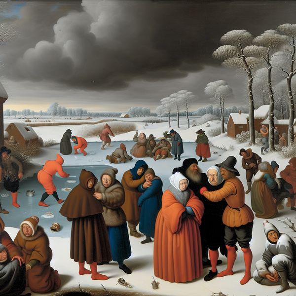 Teleurgestelde mensen in winterlandschap met sneeuw Drukke winterlandschap met mensen die teleurgesteld zijn terwijl ze onder grijze wolken staan, sneeuwval kijkend in winterkleding.