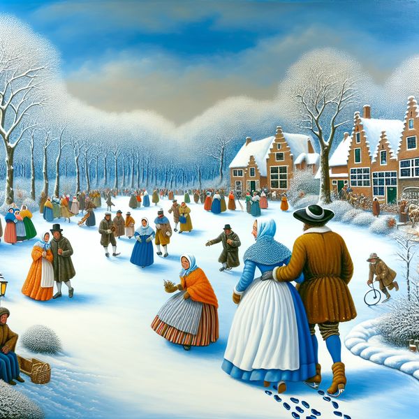 Een winterlandschap met een paar dat elkaar uit elkaar gaat, met voetsporen in de sneeuw, en op de achtergrond dorpsbewoners die winterse activiteiten doen.
