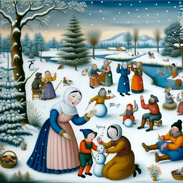 Winterlandschap met unieke zielen en vreugdevolle activiteiten Een winterlandschap met diverse figuren die vreugdevolle activiteiten uitvoeren, waaronder een vrouw en een kind die samen een sneeuwpop maken.