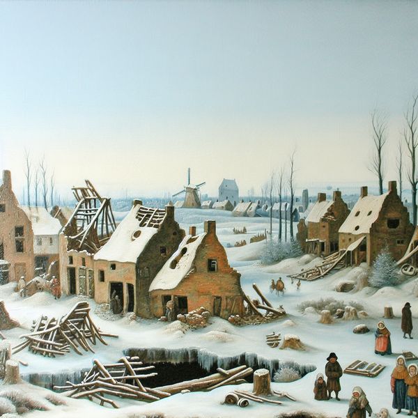 Winterlandschap van een vergeten dorp Een winterlandschap met vervallen gebouwen en melancholische dorpelingen in een sfeer van verval en vergetelheid.