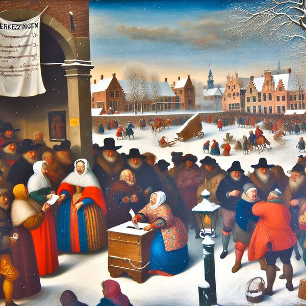 Winterlandschap met verkiezingen en stemmers Vibrant winter landscape depicting a lively public square with people voting during an election, inspired by Hendrick Avercamp
