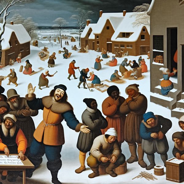 Winterlandschap met voorstellingen van verbeteringen in een dorp Een winterlandschap met een man die enthousiast een idee deelt met een groep mensen in een dorp, omgeven door sneeuw en traditionele gebouwen.