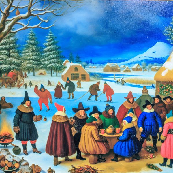 Vrienden en Familie Feest in Winterlandschap Winterlandschap met vrienden en familie die samen een feestje vieren in warme kleding, omringd door feestversieringen in een sneeuwlandschap.