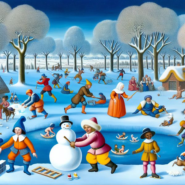 Een levendig winterlandschap met mensen die samenwerken, waaronder vrienden die een sneeuwpop maken.