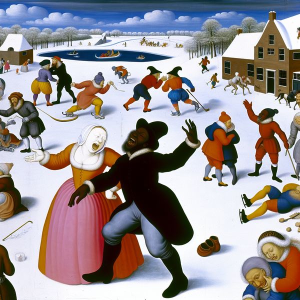 Vrolijke winteractiviteiten in de sneeuw Een levendig winterlandschap met mensen die plezier hebben in de sneeuw, waarbij een persoon met opgeheven handen vrolijk spreekt met een vriend.