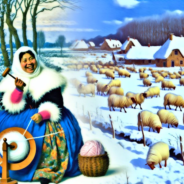 Winterlandschap met schapenwol en vrouwen aan het werk Een vrouw draait vrolijk garen van zachte schapenwol in een besneeuwde winterlandschap met grazende schapen.