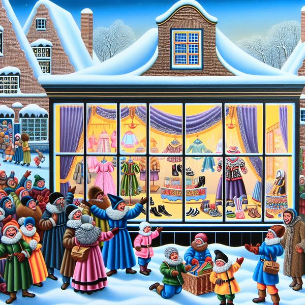 Wintermarkt etalage met kleurrijke kleding en accessoires Vibrante wintermarkt scene met een winkelfront en een etalage vol kleurrijke kleding en accessoires.